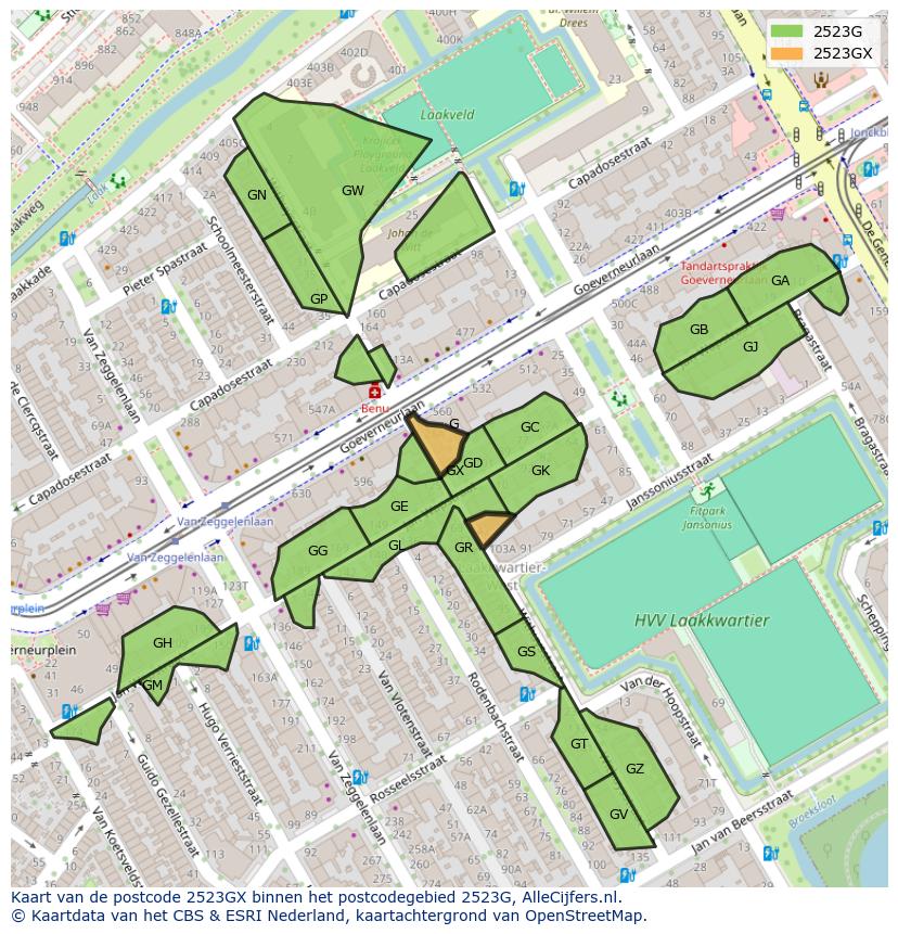 Afbeelding van het postcodegebied 2523 GX op de kaart.