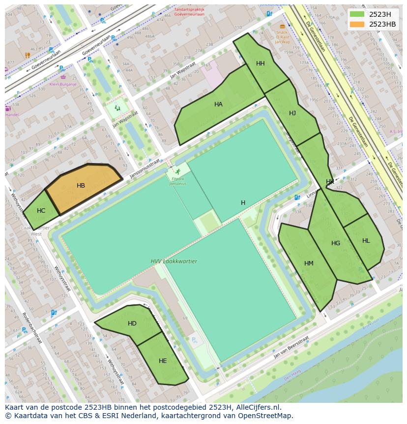 Afbeelding van het postcodegebied 2523 HB op de kaart.