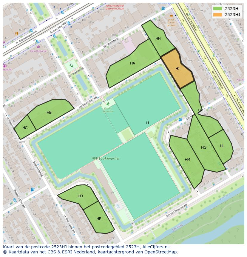Afbeelding van het postcodegebied 2523 HJ op de kaart.