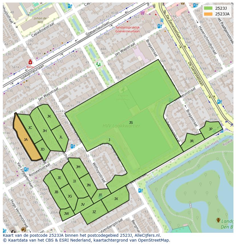 Afbeelding van het postcodegebied 2523 JA op de kaart.