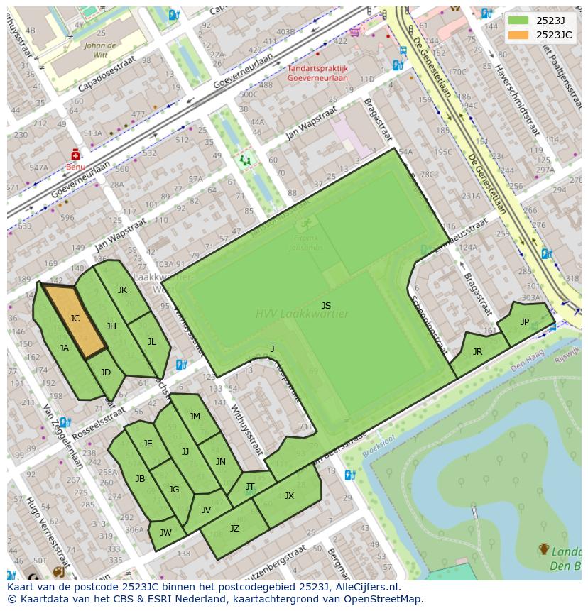 Afbeelding van het postcodegebied 2523 JC op de kaart.