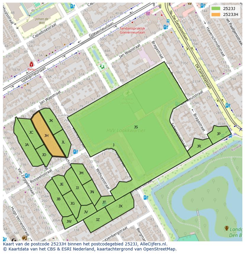 Afbeelding van het postcodegebied 2523 JH op de kaart.