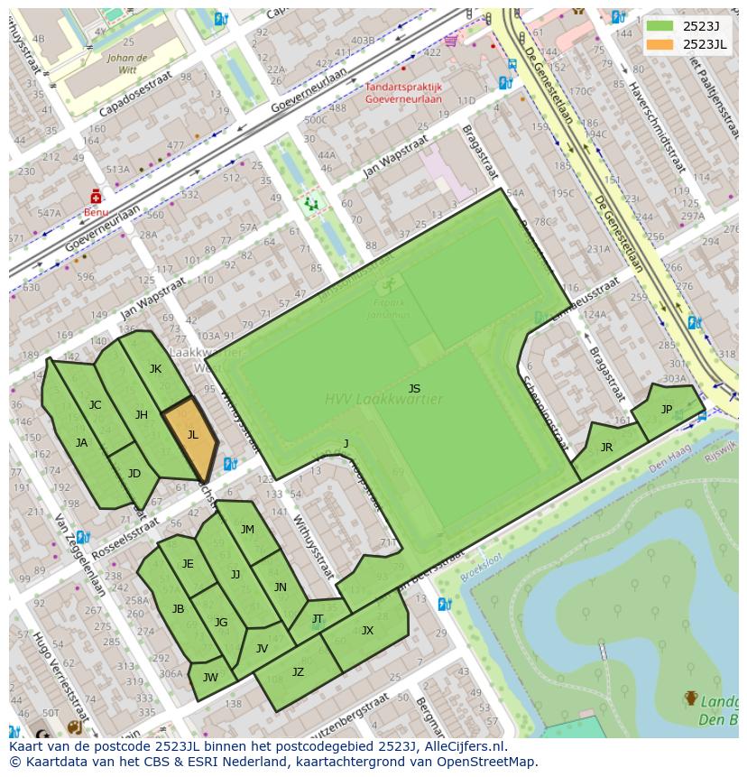 Afbeelding van het postcodegebied 2523 JL op de kaart.