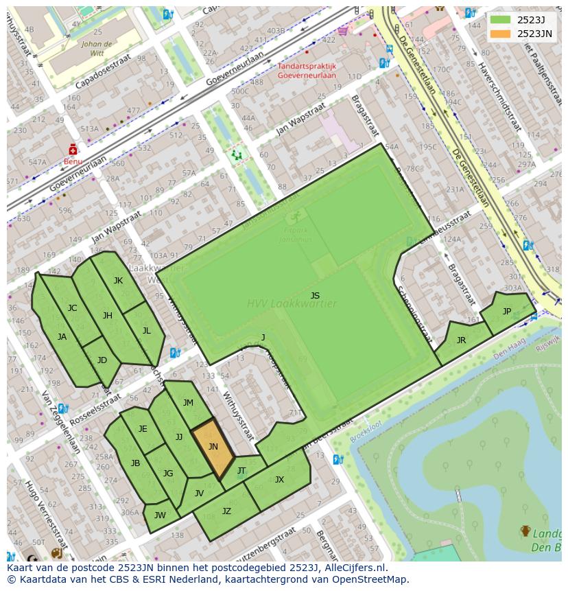 Afbeelding van het postcodegebied 2523 JN op de kaart.
