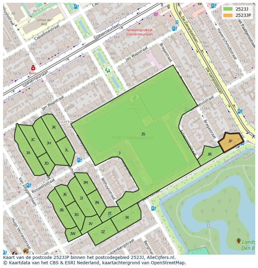 Afbeelding van het postcodegebied 2523 JP op de kaart.
