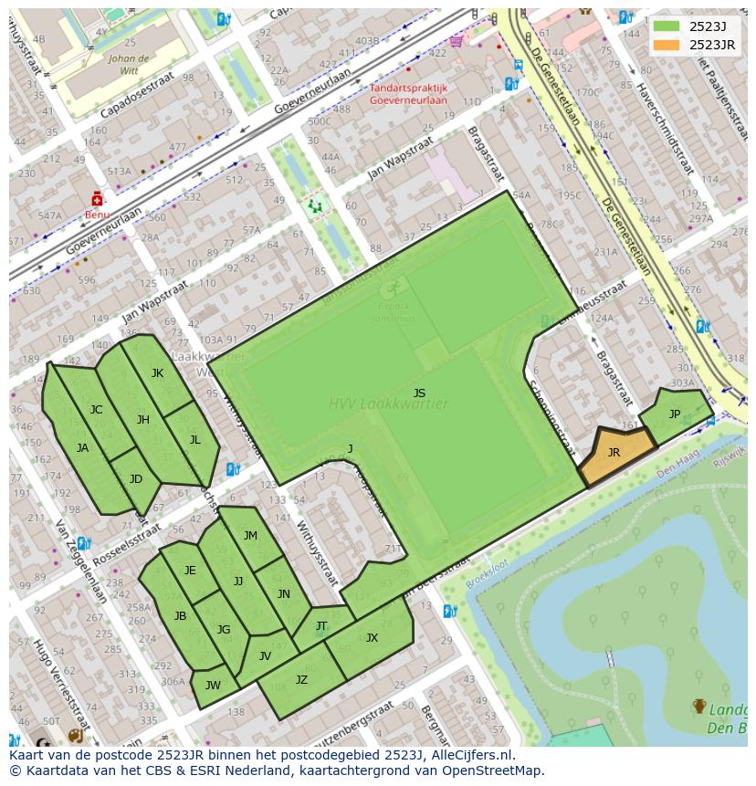Afbeelding van het postcodegebied 2523 JR op de kaart.
