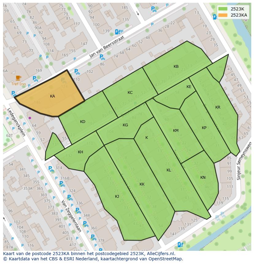Afbeelding van het postcodegebied 2523 KA op de kaart.