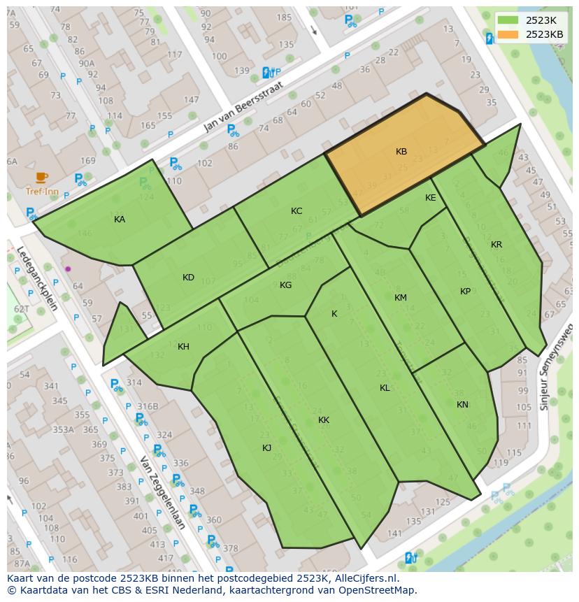 Afbeelding van het postcodegebied 2523 KB op de kaart.
