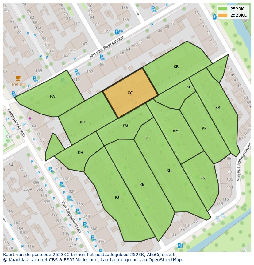 Afbeelding van het postcodegebied 2523 KC op de kaart.