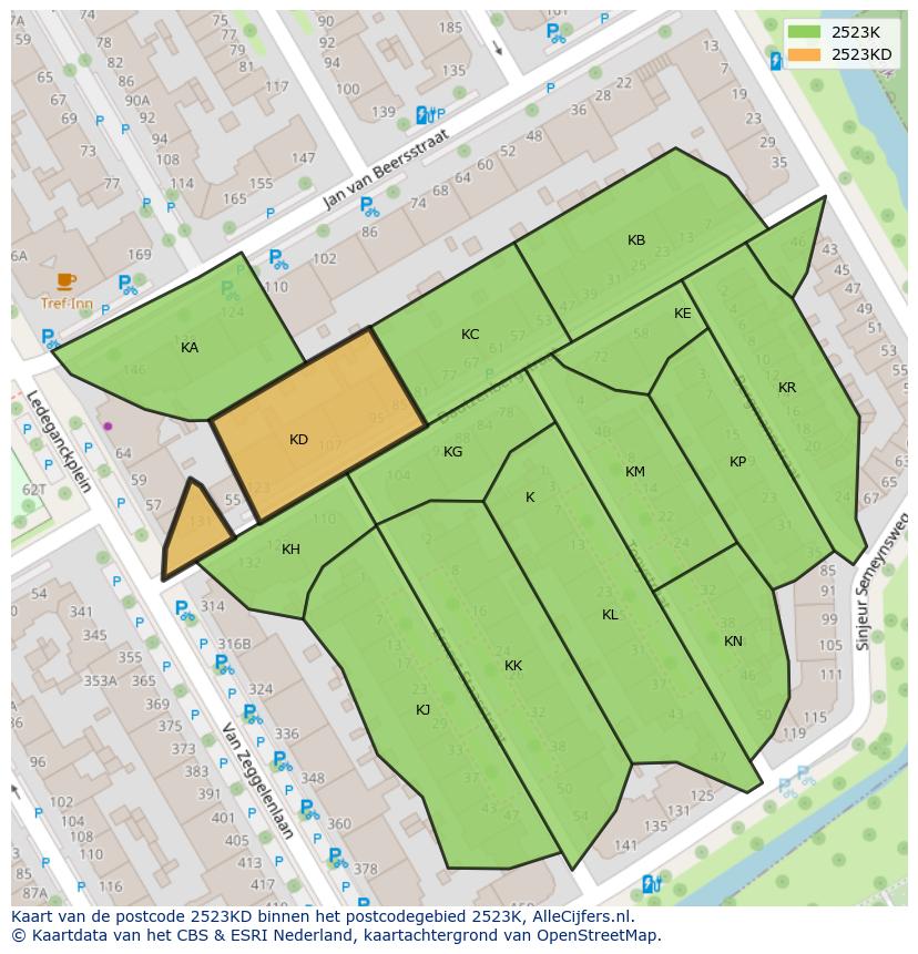 Afbeelding van het postcodegebied 2523 KD op de kaart.