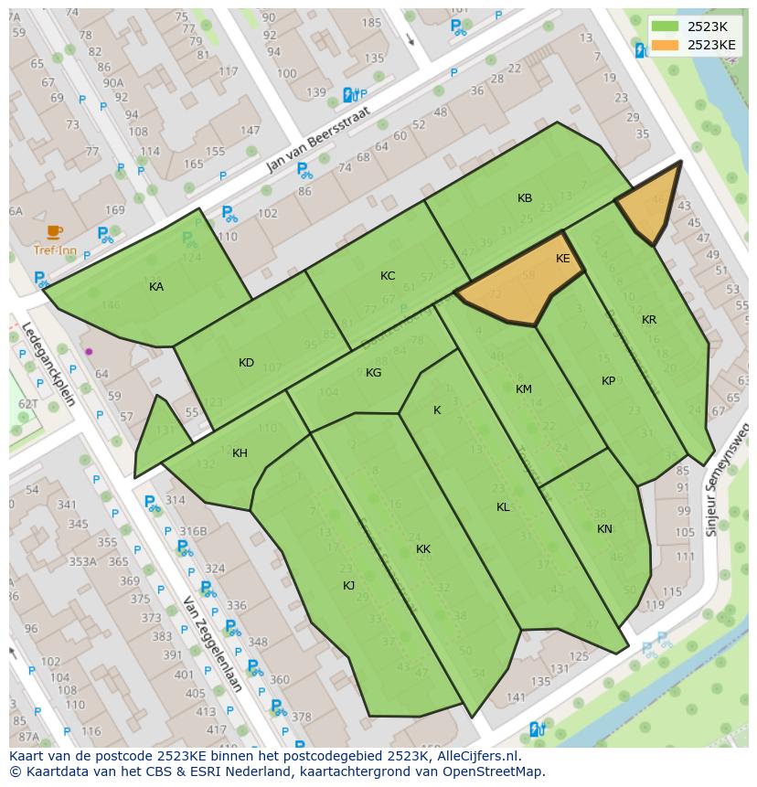 Afbeelding van het postcodegebied 2523 KE op de kaart.