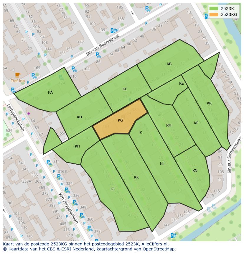 Afbeelding van het postcodegebied 2523 KG op de kaart.