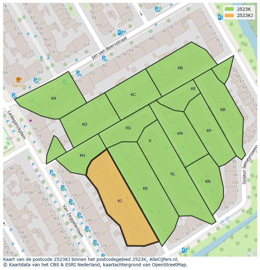 Afbeelding van het postcodegebied 2523 KJ op de kaart.