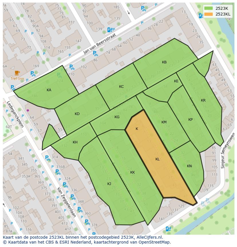 Afbeelding van het postcodegebied 2523 KL op de kaart.