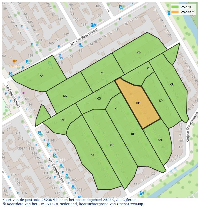 Afbeelding van het postcodegebied 2523 KM op de kaart.