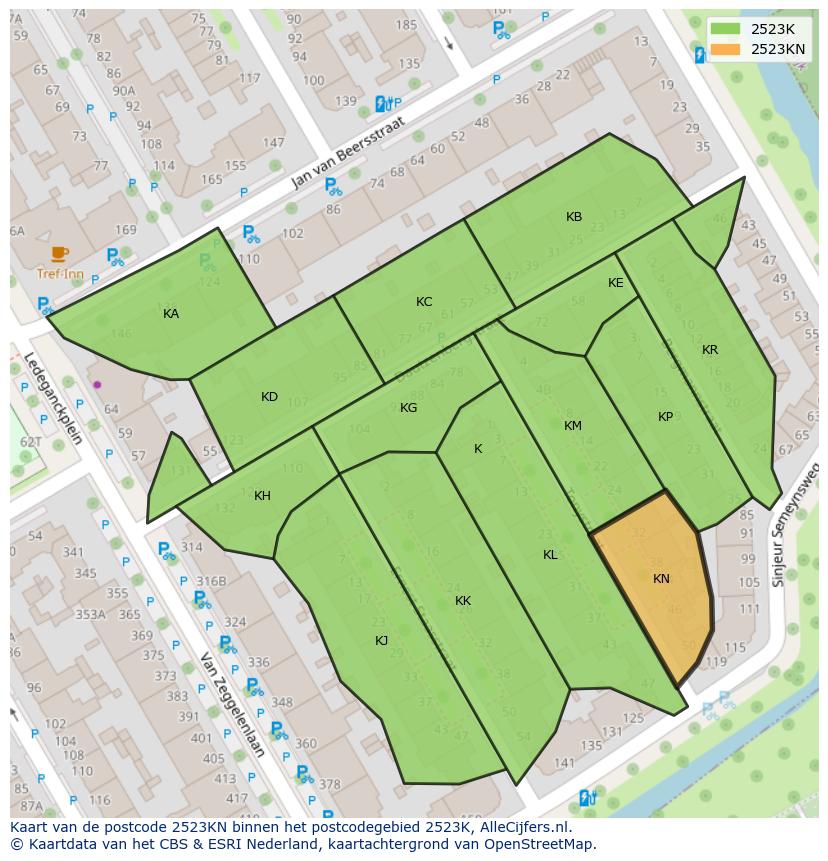 Afbeelding van het postcodegebied 2523 KN op de kaart.