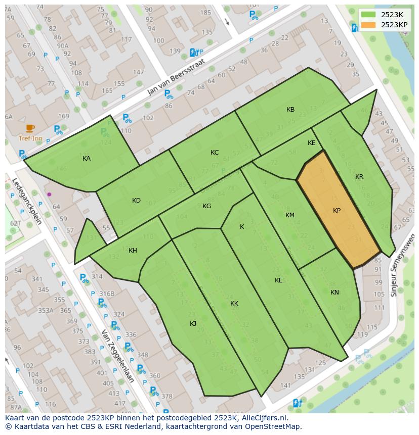 Afbeelding van het postcodegebied 2523 KP op de kaart.