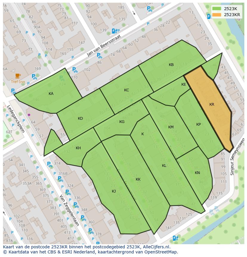 Afbeelding van het postcodegebied 2523 KR op de kaart.