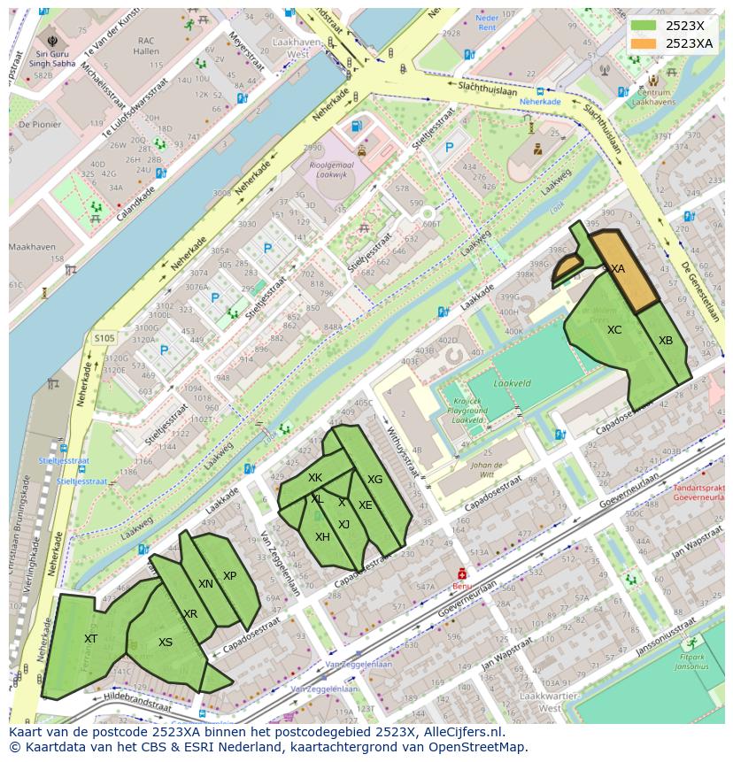 Afbeelding van het postcodegebied 2523 XA op de kaart.