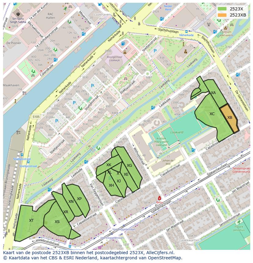 Afbeelding van het postcodegebied 2523 XB op de kaart.