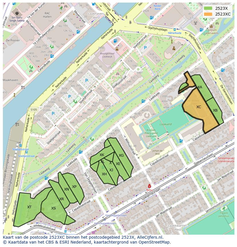 Afbeelding van het postcodegebied 2523 XC op de kaart.