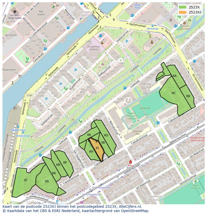 Afbeelding van het postcodegebied 2523 XJ op de kaart.