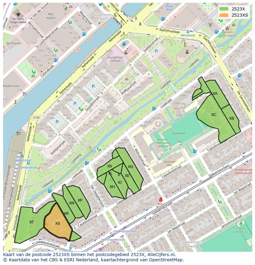 Afbeelding van het postcodegebied 2523 XS op de kaart.