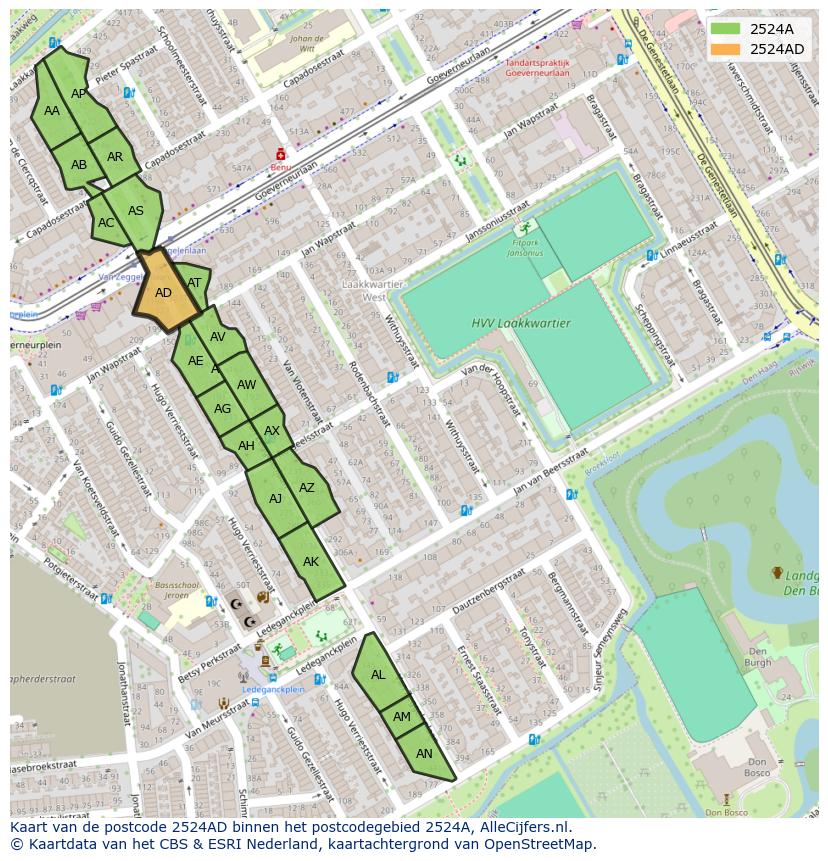 Afbeelding van het postcodegebied 2524 AD op de kaart.