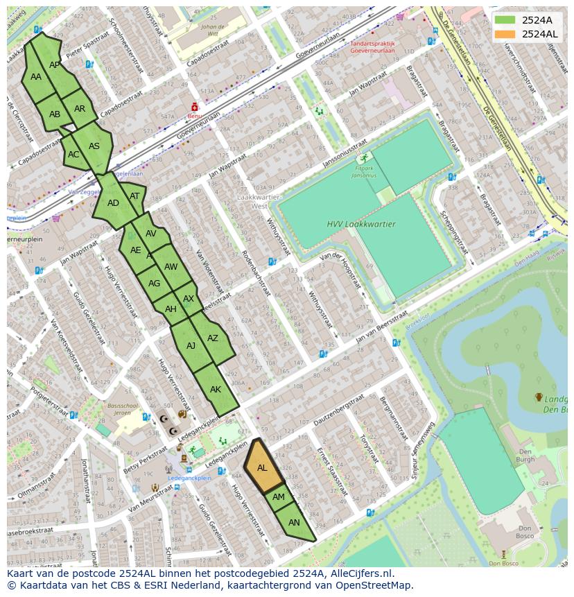 Afbeelding van het postcodegebied 2524 AL op de kaart.