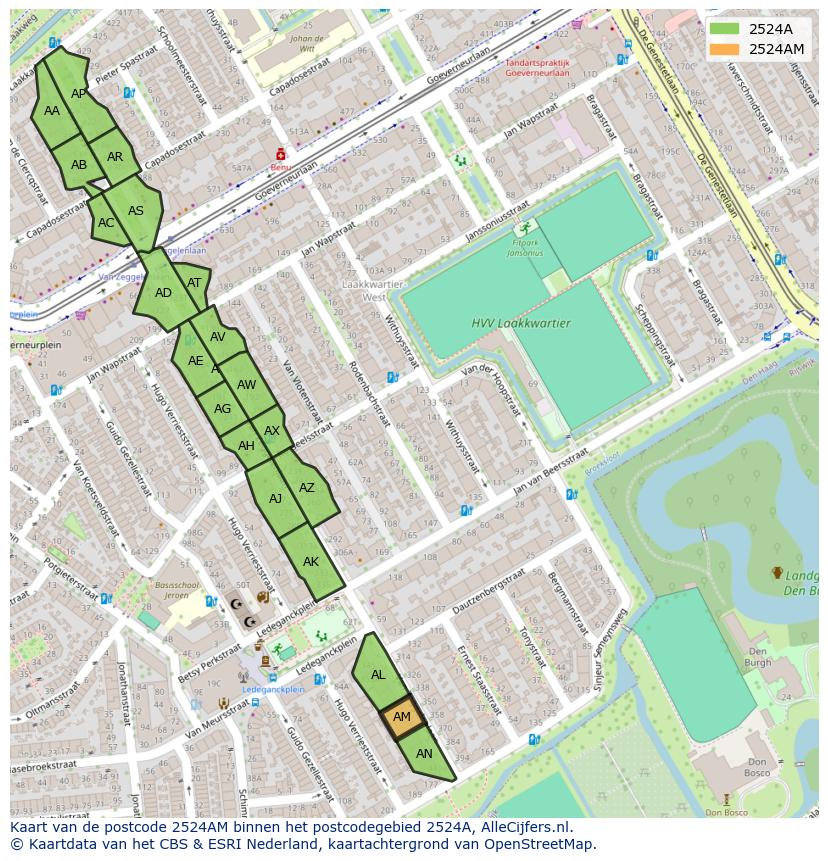 Afbeelding van het postcodegebied 2524 AM op de kaart.