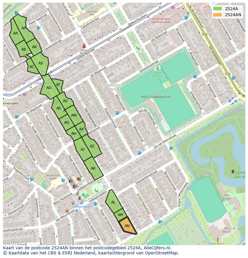 Afbeelding van het postcodegebied 2524 AN op de kaart.
