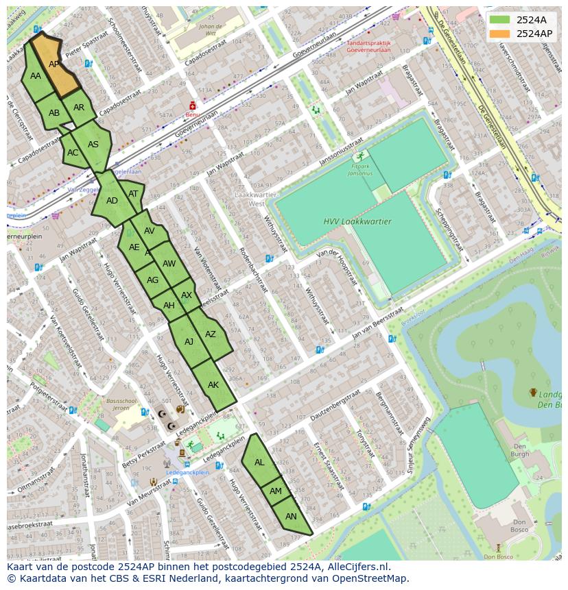 Afbeelding van het postcodegebied 2524 AP op de kaart.