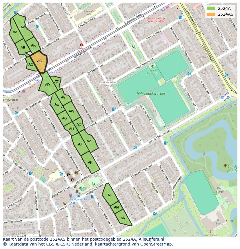 Afbeelding van het postcodegebied 2524 AS op de kaart.