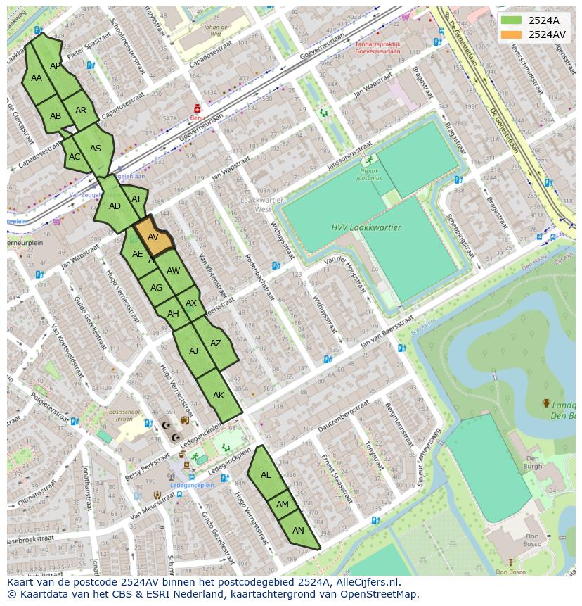 Afbeelding van het postcodegebied 2524 AV op de kaart.