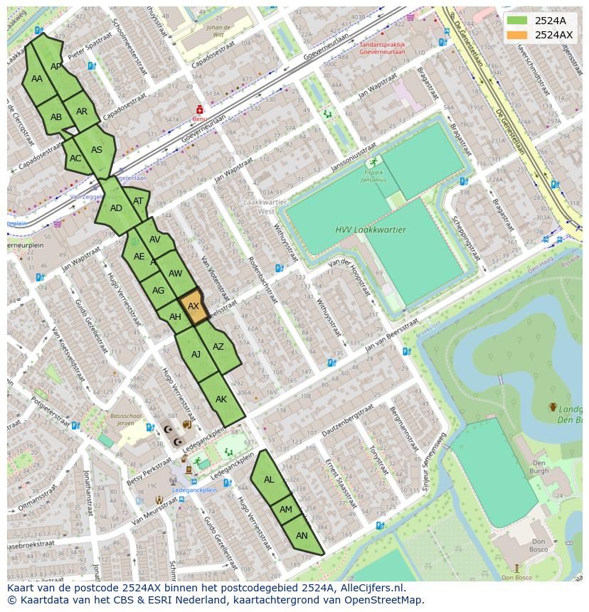 Afbeelding van het postcodegebied 2524 AX op de kaart.