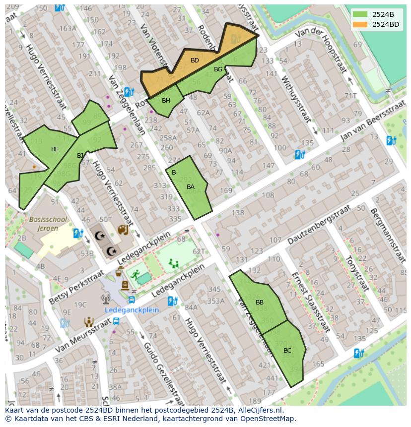 Afbeelding van het postcodegebied 2524 BD op de kaart.