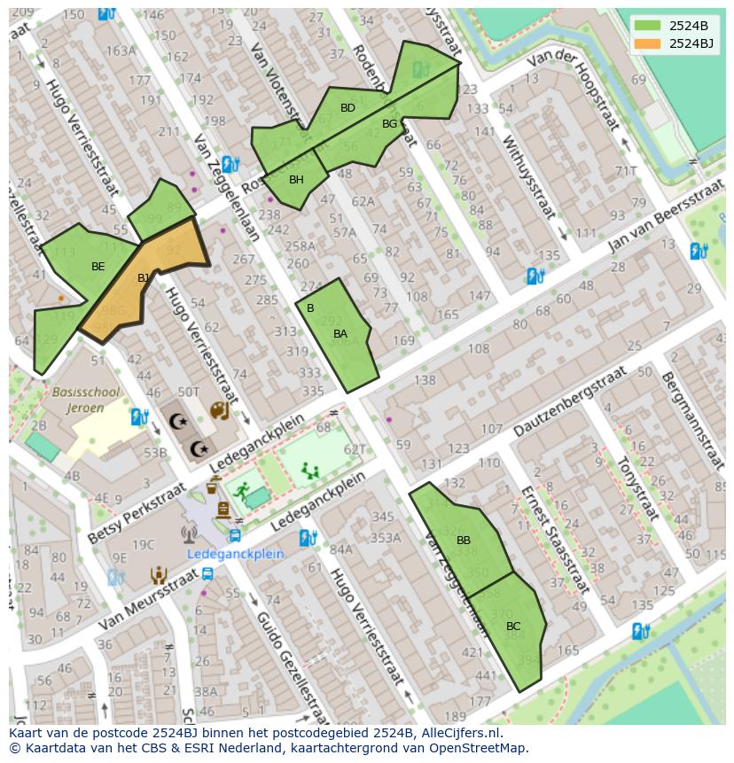 Afbeelding van het postcodegebied 2524 BJ op de kaart.