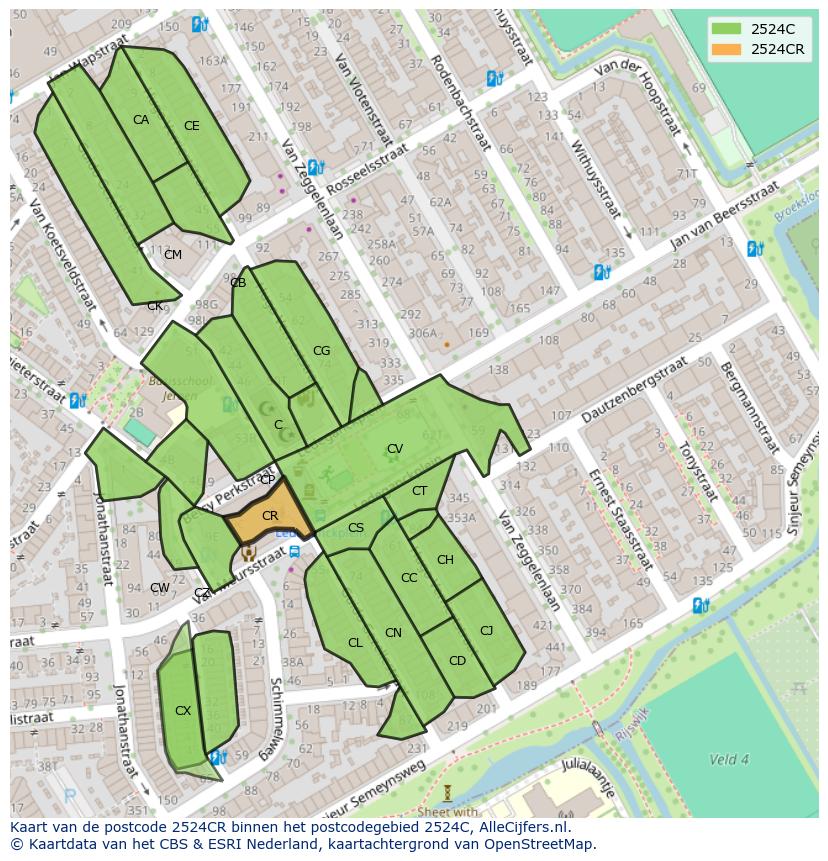 Afbeelding van het postcodegebied 2524 CR op de kaart.