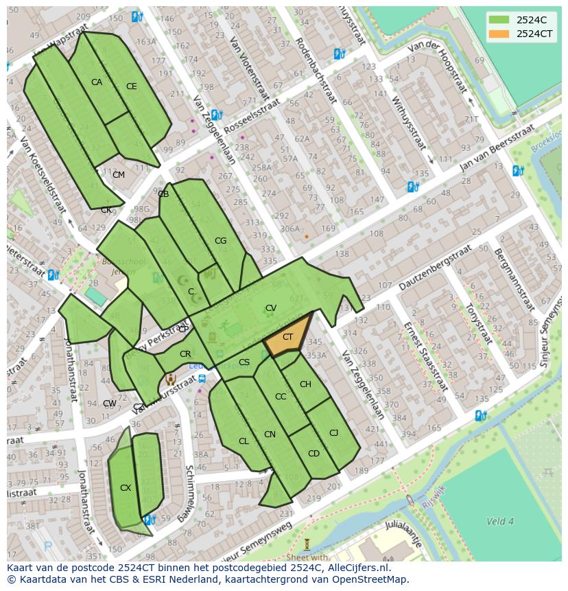 Afbeelding van het postcodegebied 2524 CT op de kaart.