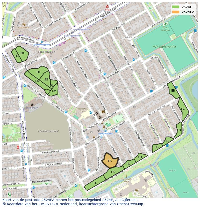 Afbeelding van het postcodegebied 2524 EA op de kaart.