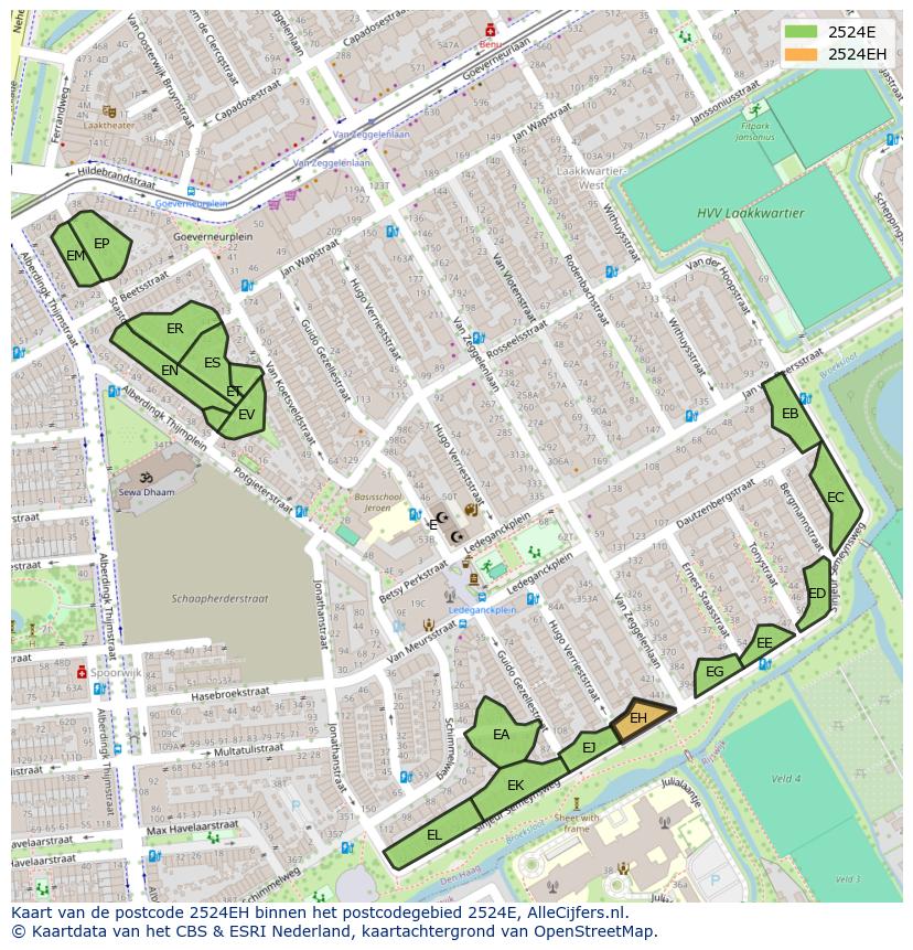 Afbeelding van het postcodegebied 2524 EH op de kaart.