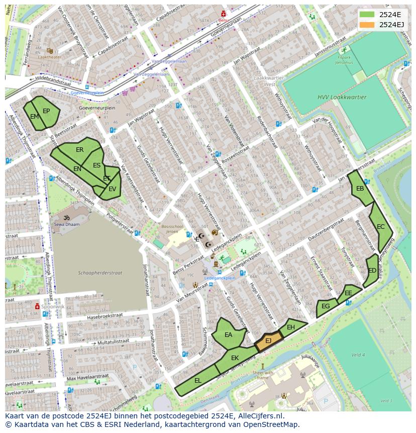 Afbeelding van het postcodegebied 2524 EJ op de kaart.