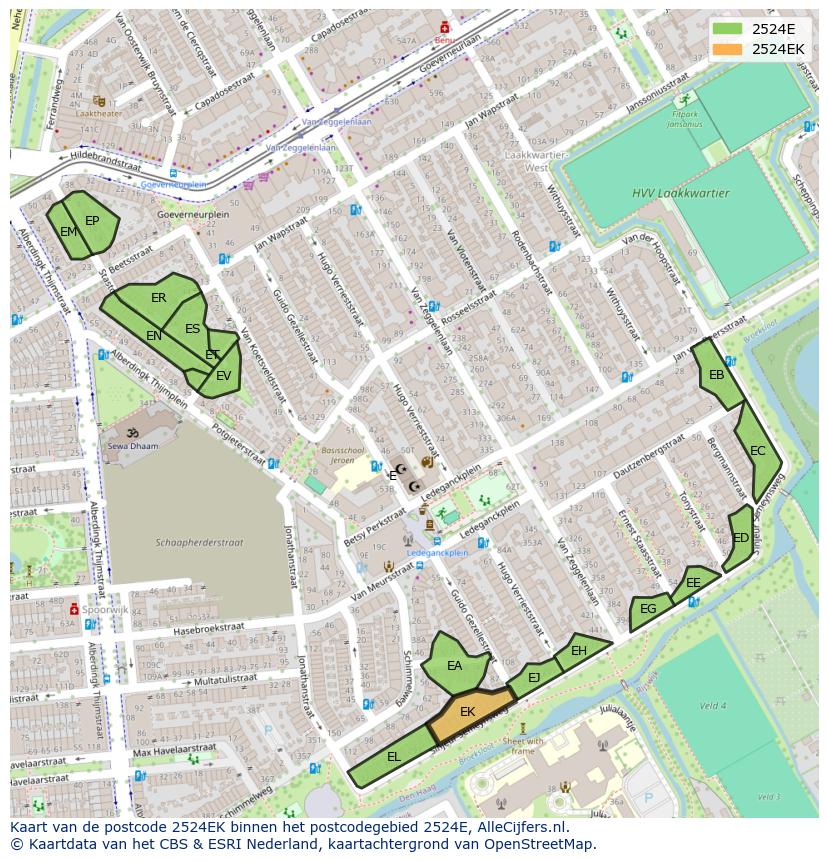 Afbeelding van het postcodegebied 2524 EK op de kaart.