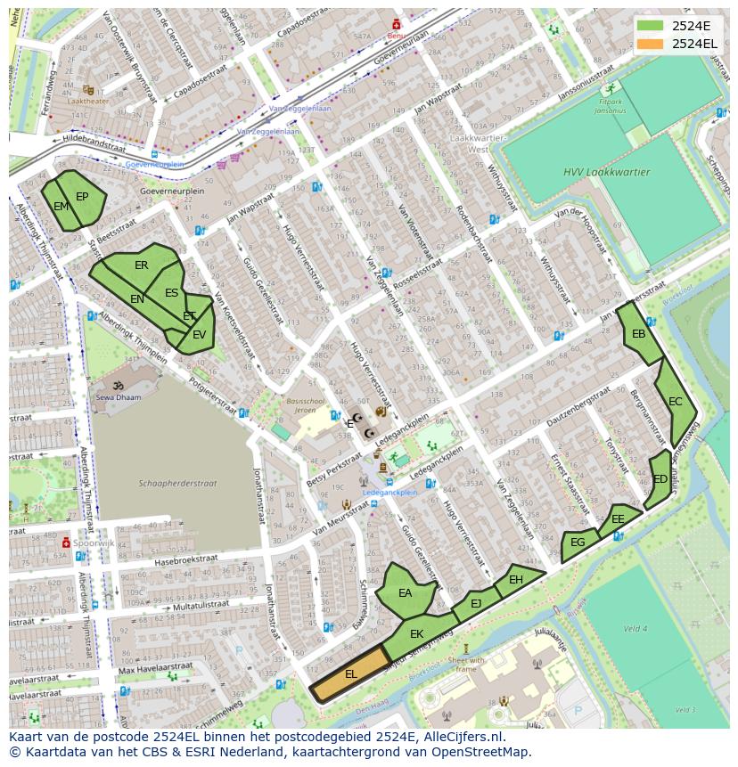 Afbeelding van het postcodegebied 2524 EL op de kaart.