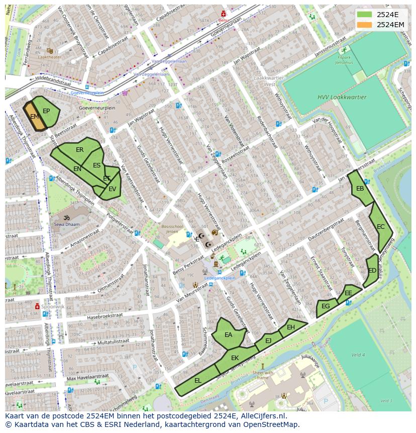 Afbeelding van het postcodegebied 2524 EM op de kaart.