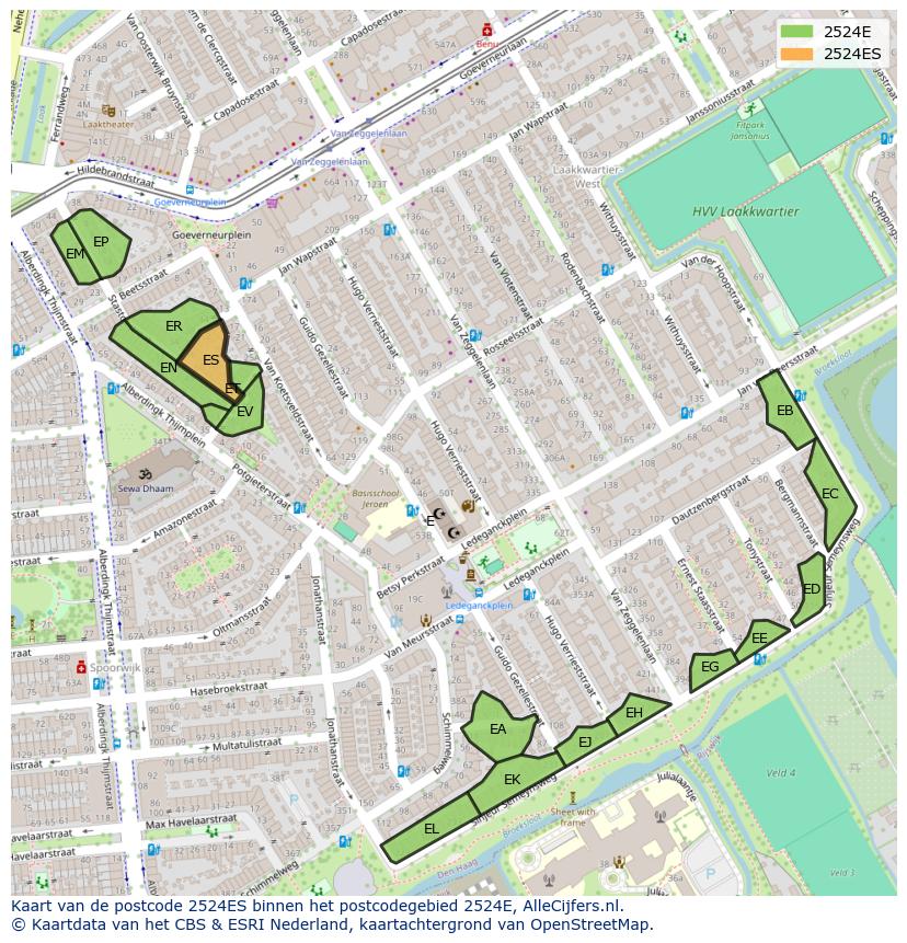 Afbeelding van het postcodegebied 2524 ES op de kaart.