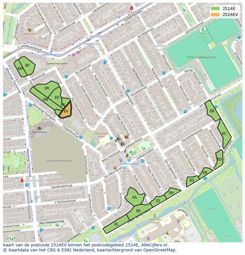 Afbeelding van het postcodegebied 2524 EV op de kaart.