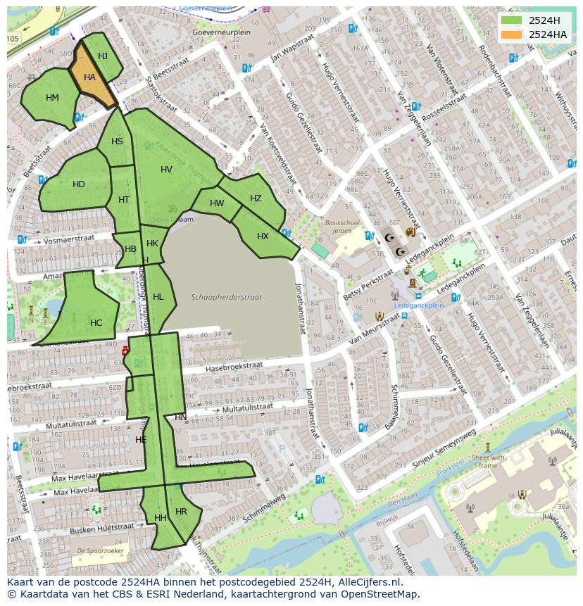 Afbeelding van het postcodegebied 2524 HA op de kaart.