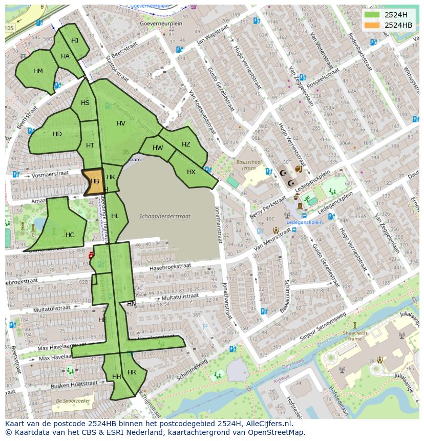 Afbeelding van het postcodegebied 2524 HB op de kaart.