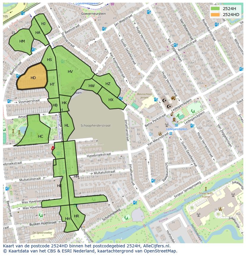 Afbeelding van het postcodegebied 2524 HD op de kaart.